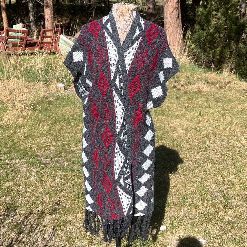 Fringe Open Front Aztec Cardigan. Size L